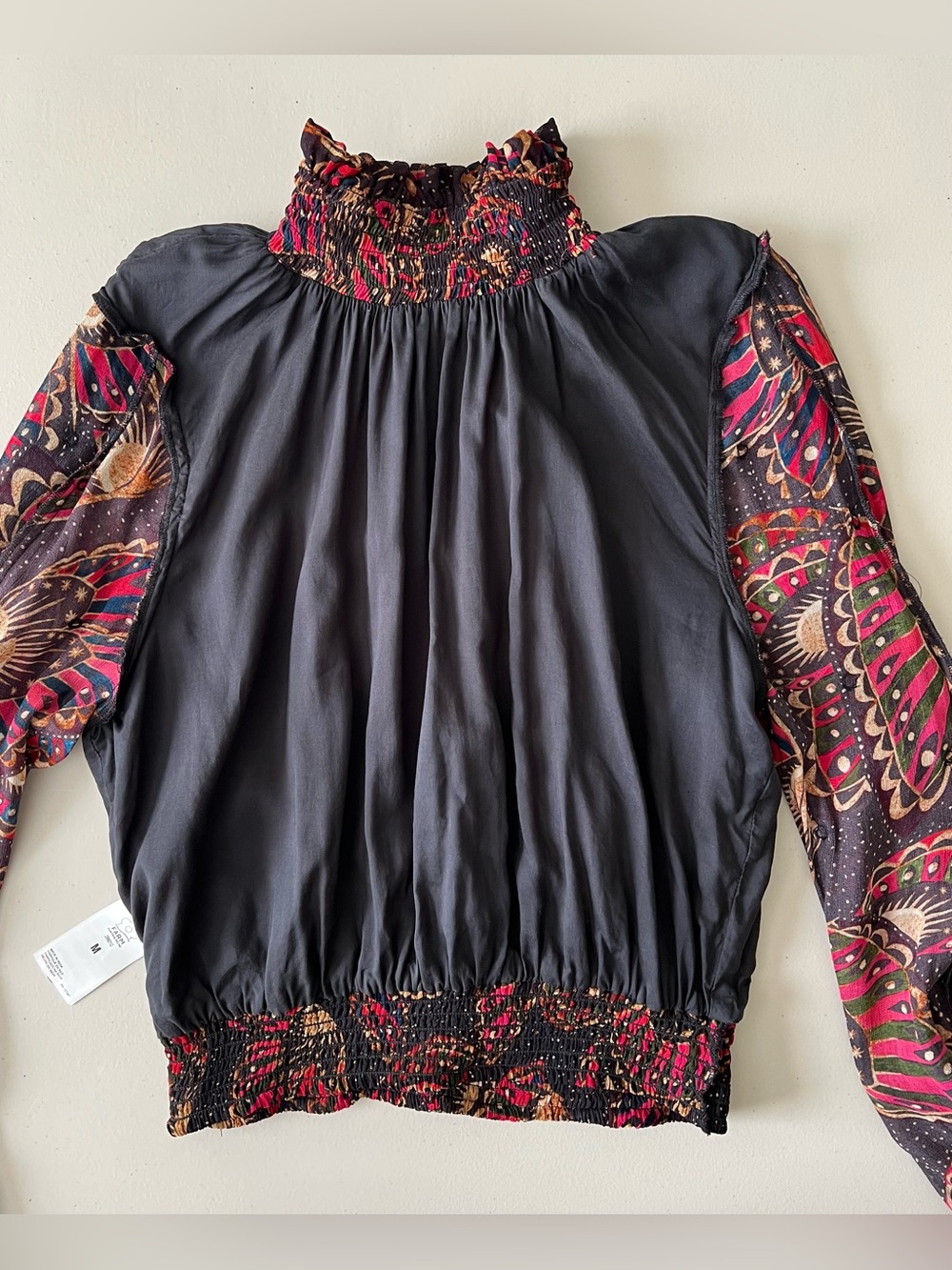 FARM Rio Black Pink Gold Printed Ruffle-Neck Blouse - Picture 14 of 15